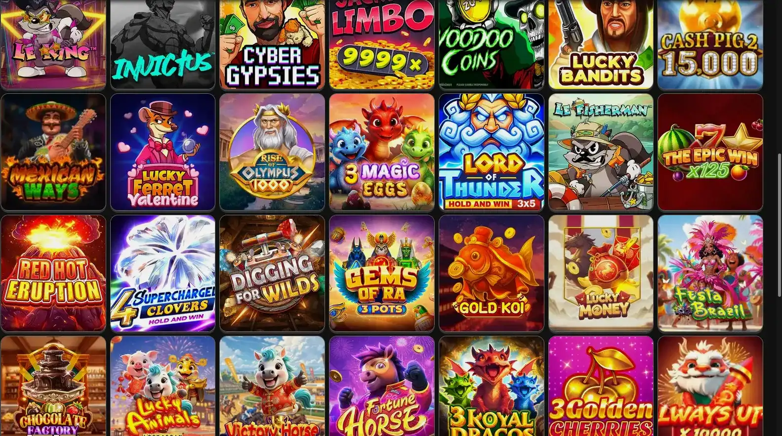 Интерфейс игрового зала казино Абсолют 777 с множеством слотов